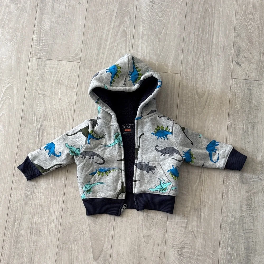 Kids The Children's Place Dino Print Hoodie - Gray and Blue Sherpa lined